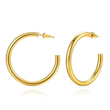 Imagem de Brincos de argola de ouro grandes para mulheres, brincos de argola grossos, leves, grandes, joias estilosas, uso diário, brinco redondo clássico, presente para mulheres, Metal, Sem pedra preciosa