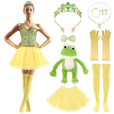 Imagem de Yearntown Conjunto de fantasia de princesa e sapo verde de Halloween, 9 peças, saia de tule, pedras preciosas, colares, brincos, luvas, meias, mulheres adultas