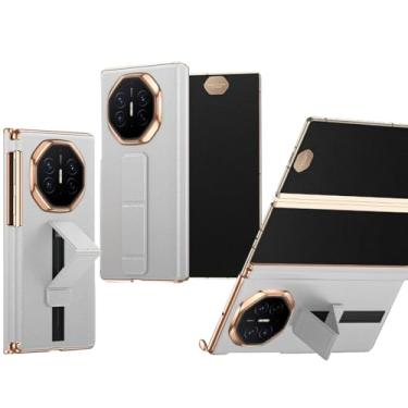 Imagem de HAOMRIYL Capa de couro genuíno para Huawei Mate XT, suporte de alça de pulso deslizante, capa traseira de telefone de luxo, proteção de dobradiça dupla, capa à prova de choque, branca, Mate XT