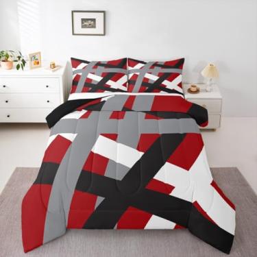 Imagem de Feelyou Conjunto de edredom de arte abstrata para todas as estações, listras vermelhas e pretas, conjunto de cama com 2 fronhas, geométrico, roupas de cama queen modernas, para decoração de quarto