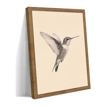 Imagem de Arte de parede emoldurada vintage beija-flor em tela, pintura a óleo de pássaro preto e branco, decoração de parede de casa de fazenda de natureza neutra para sala de estar quarto - moldura de madeira