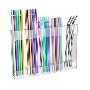 Imagem de Ginbel Direct Suporte de canudo para porta de armário, dispensador organizador de canudo reutilizável de acrílico, acessórios de recipiente de armazenamento grande com adesivo para montagem na porta