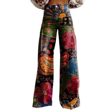 Imagem de Calças Palazzo LUFHBEHB femininas com estampa floral boho de cintura a