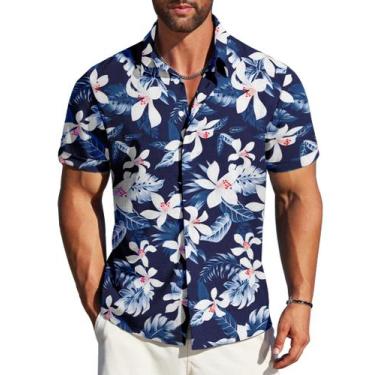 Imagem de Camisa masculina MAPPICK Tropical Hawaiian Beach azul marinho - Flower