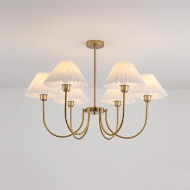 Imagem de Lustre Sputnik moderno dourado, luminária de teto semi-embutida com abajur de tecido plissado, luminária pendente vintage de meados do século para ilha de cozinha, quarto, mesa de jantar, sa