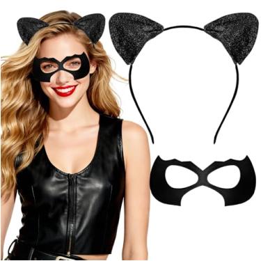 Imagem de Faixa de cabeça e máscara feminina com orelhas de gato pretas – Roupa de fantasia para mulheres adultas, acessórios de fantasia de gatos de Halloween para festas e cosplay