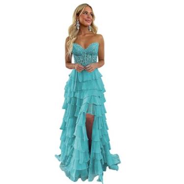 Imagem de Vestido de baile WENKAFO Aqua Blue em camadas com babados, espartilho 