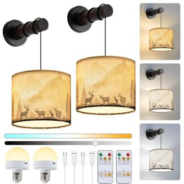 Imagem de PEESIN Conjunto de dois arandelas de parede sem fio, arandelas de parede operadas por bateria com controle remoto, abajur de linho rústico regulável, arandela de parede de bateria para sala de estar