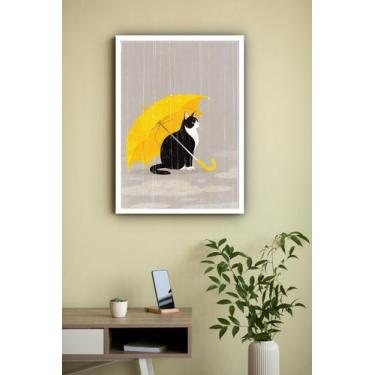 Imagem de Quadro Decorativo Gato Sombrinha Amarela - 70X50Cm - Quadros On-Line