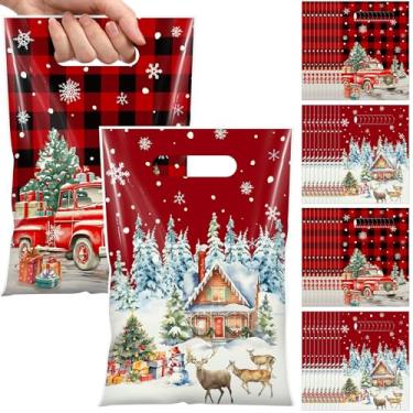 Imagem de Funrous 50 peças vintage saco de presente de Natal com alça buffalo, xadrez, caminhão vermelho, árvore de Natal, petisco, doces, lanche, retrô, material de embrulho de plástico de Natal para