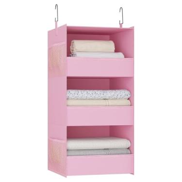 Imagem de Bosuelife Organizador e armazenamento de armário suspenso com 3 prateleiras, prateleiras dobráveis para armário com design de lábio frontal, lavável, armazenamento suspenso, rosa