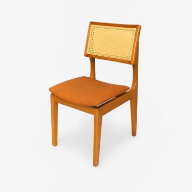 Imagem de Cadeira de Jantar Madeira Maciça Assento Curvado Encosto em Rattan Couro Marrom - Diana