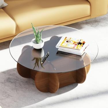 Imagem de Mesas de centro redondas de vidro Noguchi elegante mesa de centro redonda com pernas de madeira maciça e mesa de vidro temperado para sala de estar, casa, pequeno espaço, recepção, escritório, mesas