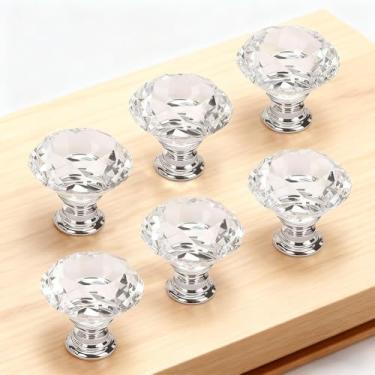 Imagem de 6 puxadores de armário de cristal, puxadores de armário de 30 mm, puxador transparente em forma de diamante - prata