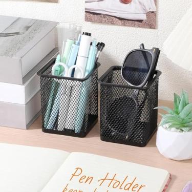 Imagem de Suporte de caneta de malha para mesa, suporte de copo quadrado de arame de metal para escritório, casa, escola, organizador de mesa e acessórios, preto