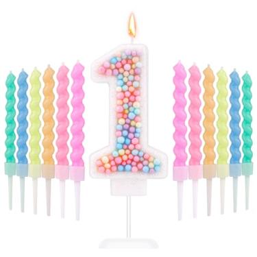 Imagem de Velas de aniversário Macaron, velas número 1 velas de número doce com 12 peças velas espirais arco-íris cor doce colorido topo de bolo vela velas pastel para festa de aniversário casamento s s
