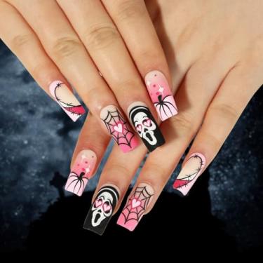Imagem de Kit de unhas de pressão quadrado médio Halloween rosa bonito cola falsa conjunto de unhas com teia de aranha simples e design fantasma capa completa bastão falso artificial em unha de acrílico para