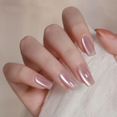 Imagem de Kit de unhas de pressão médio longo caixão nude cola falsa conjunto de unhas com design olho de gato cobertura completa bastão falso artificial em unha de acrílico para mulheres 24 peças