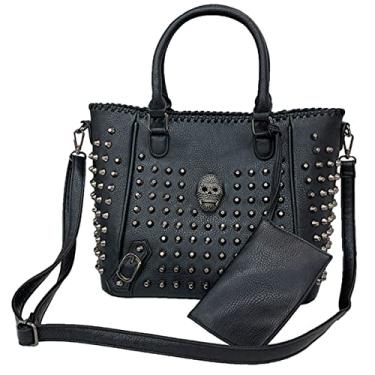 Imagem de KEEPOP Bolsa Feminina Tote Caveira Com Rebites, De Couro Sintético, Grande, Gótica, Ombro, 2 Peças, Carteira, Alça Preta