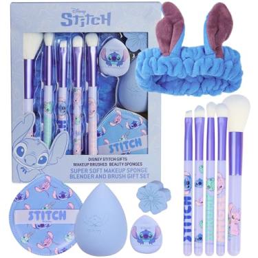 Imagem de Get Trend Conjunto de pincel e esponja de maquiagem Disney Stitch para meninas, adolescentes com faixa de cabeça, pincéis macios e esponjas de beleza, presentes para meninas (ponto azul)