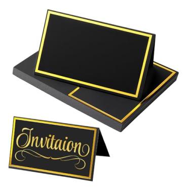 Imagem de Pacote com 24 cartões de lugar para configuração de mesa, cartões de nome pretos com borda dourada - 5 cm x 8 cm placas de mesa dobradas para buffet de comida, casamento, padaria, banquete, festas