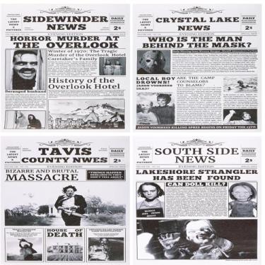 Imagem de Cartazes de terror vintage - 4 peças sem moldura 20 x 25 cm impressões de jornais de filme assustador - decoração de Halloween arte de parede para estética de quarto - Jason & Serial Killer pôsteres