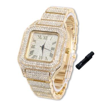 Imagem de Halukakah Relógio de diamantes para meninos e adolescentes - banhado a ouro real 18K, mostrador quadrado de 40 mm, quartzo japonês - comprimento de 20 cm - opcional com corrente de tênis, com