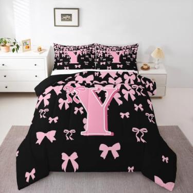 Imagem de jejeloiu Conjunto de edredom infantil com laço fofo, solteiro, letra Y, preto, rosa, coquete com laço, edredom para quarto de crianças, meninos, meninas, monograma, estilo princesa sonhadora