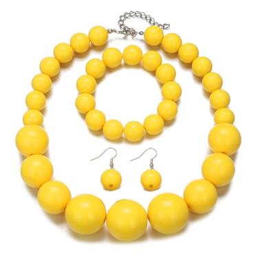 Imagem de Pingyongchang Conjunto de joias coloridas de contas grossas boho grande simulado colar de pérolas e brincos conjunto de brincos para festas de fim de ano, roupa de noiva para mulheres, Small, Resina