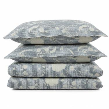 Imagem de Kit Cobre Leito Colcha Magnus King 3 Peças Dupla Face Estampado Floral - Azul - 100% Poliéster