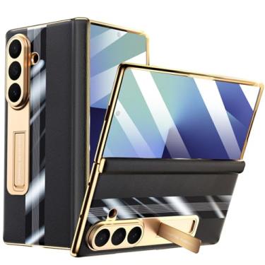 Imagem de YQODSZ Capa para Samsung Galaxy Z Fold 7 com suporte, capa de telefone de couro legítimo, proteção de dobradiça magnética, protetor de tela frontal para negócios slim fit, cobertura total para Z Fold