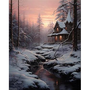 Imagem de XTXGERL Cabana Paint by Numbers em cena de neve de inverno, pintura DIY em tela, pintura com pincéis de tinta acrílica, perfeita para pintar por números para adultos e iniciantes sem moldura 40,6 cm x