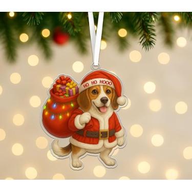 Imagem de Enfeite de acrílico para cães Beagle - Lindo Papai Noel Beagle com bolsa de presente e luzes - Decoração de árvore de Natal Ho Ho Hooo - Enfeite de presente para amantes de cães de Natal