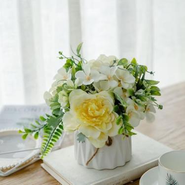 Imagem de TKAS Arranjo de flores falsas em vaso de cerâmica, rosas artificiais de seda sintética e hortênsia, mesa de jantar floral realista pequena e realista para decoração de casa de festa de casamento