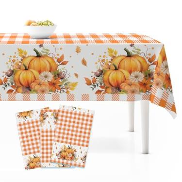 Imagem de Lknnxs Capa de mesa de ação de graças, pacote com 3, toalha de mesa de plástico de abóbora de 137 x 274 cm, toalha de mesa de festa de colheita de outono para férias, decoração de mesa descartável de