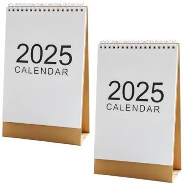 Imagem de Mini calendário de mesa 2025, agenda mensal compacta com encadernação e base marrom, pacote com 2, grande '2025' na frente, design minimalista branco, ótimo para escritório,