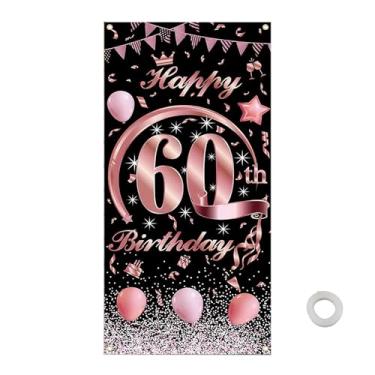 Imagem de Presente para homens e mulheres de 60 anos, faixa de cobertura de porta de aniversário de 178 x 89 cm ouro rosa preto 60º aniversário, decoração de porta de feliz aniversário com balões de coroa e