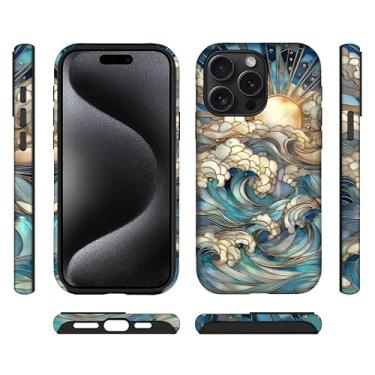 Imagem de ilikediy Capa híbrida para iPhone 15 Pro, 2 camadas, rígida, silicone, padrão de proteção - vitral ondas do oceano sol