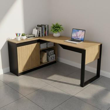 Imagem de Mesa em L com Nicho Armário e Porta Correr Me4201 Amêndoa/Preto