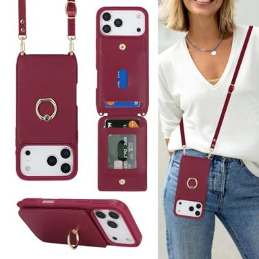Imagem de Lipvina Capa para iPhone 17 Pro com suporte para cartão e alça para mulheres, cordão transversal, suporte de anel, fecho de pressão, capas de carteira de telefone fofas de 6,3 polegadas (vermelho)