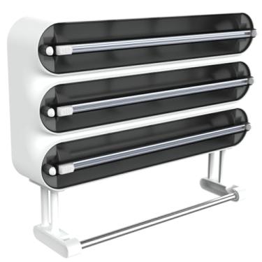 Imagem de Quasziwa Dispensador de folha de alumínio e plástico com cortador - suporte de parede magnético e sem broca, dispensador de filme aderente com suporte de toalha de papel, organizador de cozinha 4 em 1