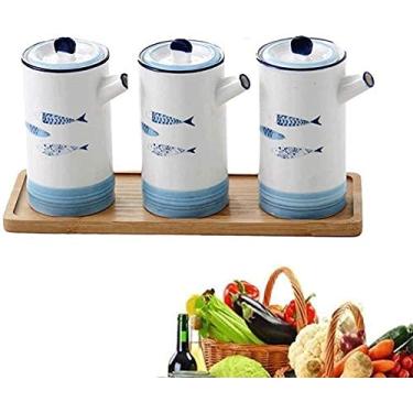 Imagem de uhyOHF Galheteiro de óleo e vinagre, conjunto de garrafas dispensadoras de cerâmica, molho de soja, azeite de oliva, vinagre com despejador, dispensador de condimentos líquidos/C (C