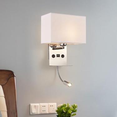 Imagem de E27 Arandela Lâmpada de Parede de Leitura Interna Lâmpada de Parede Moderna com Prateleira Rotação 360° Holofote Gooseneck Interruptor Duplo Iluminação de Parede com Porta USB Quarto (Prata, Abajur