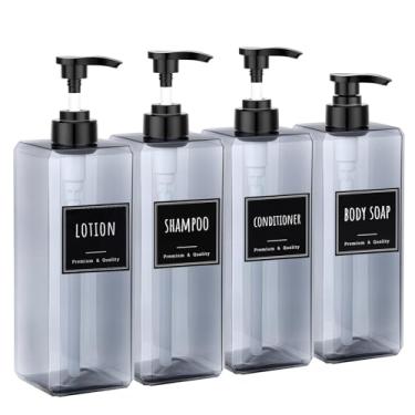 Imagem de Segbeauty Dispensador de xampu e condicionador de 1000 ml com etiquetas, 4 unidades de loção corporal vazia de plástico recarregável, recipiente líquido para as mãos para banheiro, frasco grande cinza