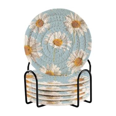 Imagem de Qilmy Conjunto de 6 peças para copos de flores de margaridas bonitas ou porta-copos de bar para bebidas, porta-copos de fazenda ou porta-copos de mesa rústicos, porta-copos modernos de algodão para o