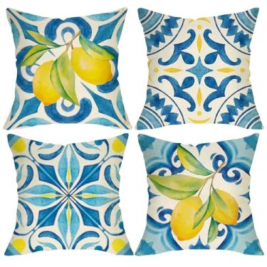 Imagem de Fjfz Capas de almofada decorativas de azulejo azul limão Itália 45,7 x 45,7 cm, conjunto de 4, Capri italiana, frutas cítricas, varanda, decoração de casa, decoração de casa, sofá mediterrâneo de