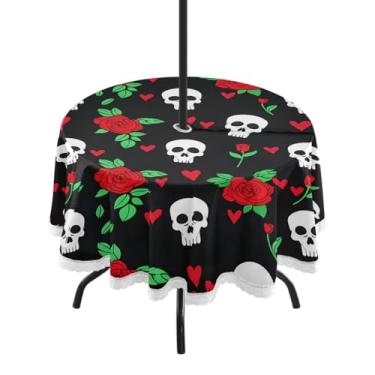 Imagem de CEBUGI Toalha de mesa redonda para ambientes externos, crânios brancos, rosa, impermeável, com furo Umberlla, capa de mesa lavável para pátio, cozinha, sala de jantar, 152 cm