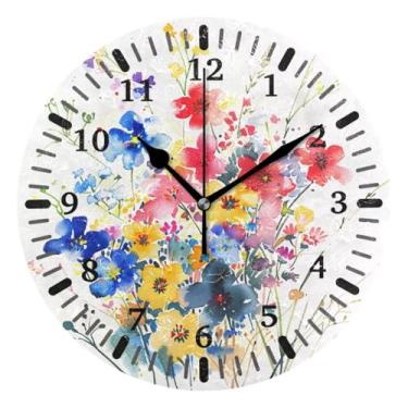 Imagem de CEBUGI 1 relógio de parede de flores silvestres 1 relógio redondo operado por bateria relógios de parede silenciosos sem tique-taque para cozinha, banheiro, quarto, escritório, decoração 25,4 cm