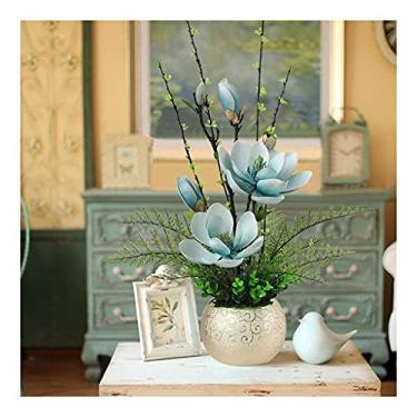 Imagem de LMJYU Flor de magnólia flor artificial com vaso redondo dourado folha falsa arranjo floral flor de seda para casamento ao ar livre decoração de casa ou: azul interessante