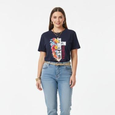 Imagem de Baby Look Evangélica Leão Yeshua Algodão Premium com Strass - Tenella,